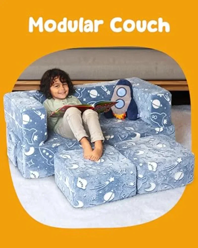 Modular Toddler Couch Set with 2 Ottomans – Soft Velvet Play Sofa, Glow in the Dark, Convertible for Kids