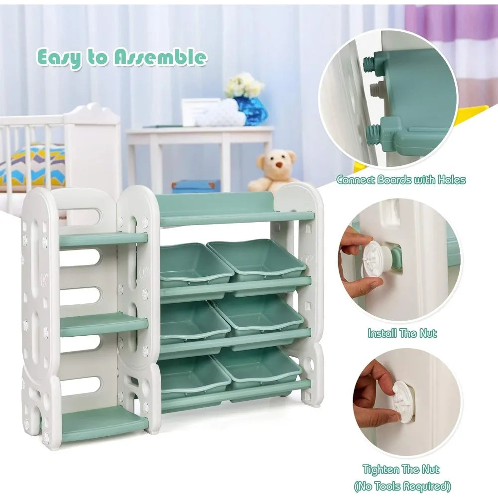 Costzon Kids Multi-Purpose Bookshelf and Toy Organizer with 4-Tier Storage and 6 Removable Bins