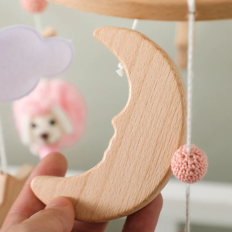 Wooden Rattle Toys for Baby – Musical Animal Crib Mobile with Soft Felt Hot Balloon Bed Bell, Newborn Hanging Toy with Crib Bracket – Perfect Baby Gift