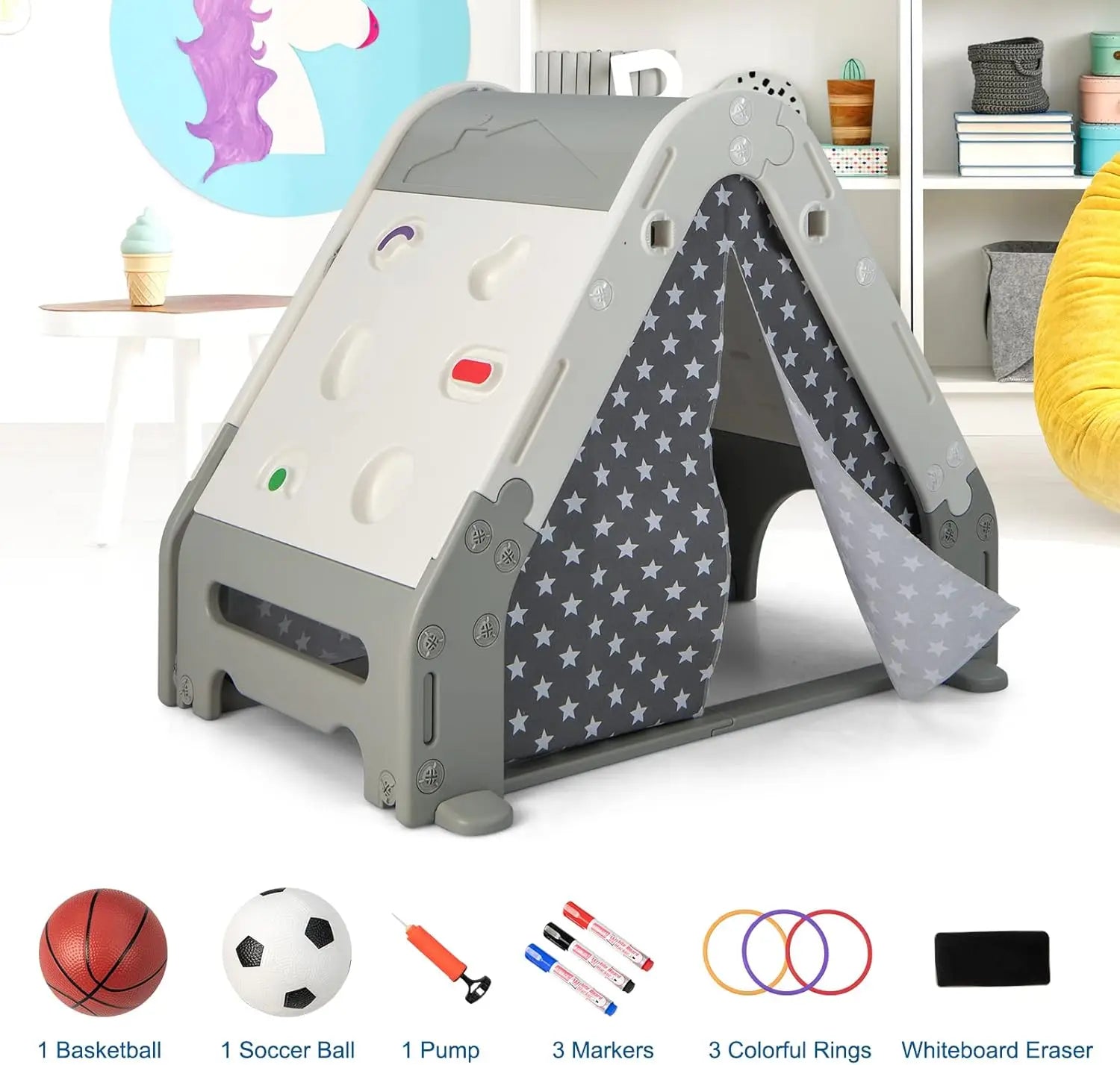 INFANS Triangle Climber with Tent – 6-in-1 Kids Playset with Rock Wall, Drawing Board, Basketball Hoop, and Football Hole