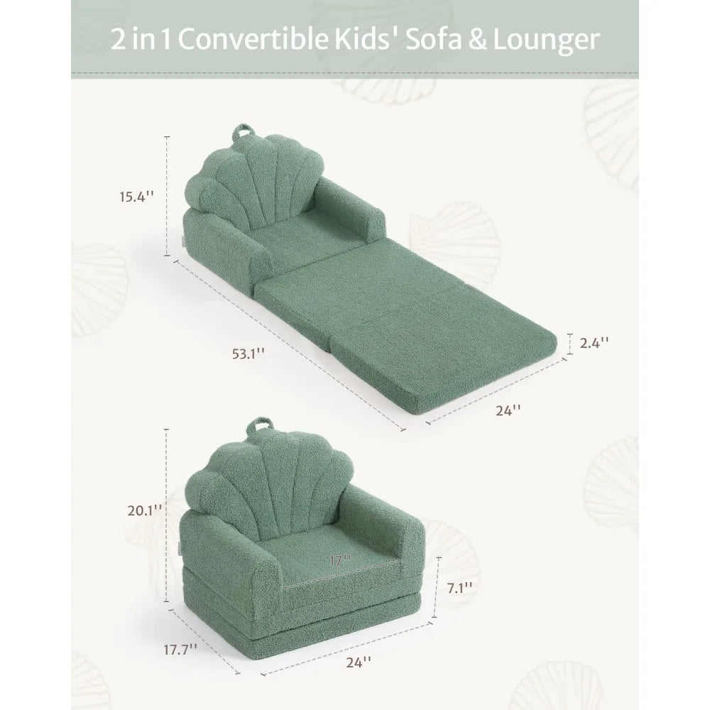 RUO WU 2-in-1 Kids Sofa – Convertible Lounge Chair with Cute Seashell Design, Green