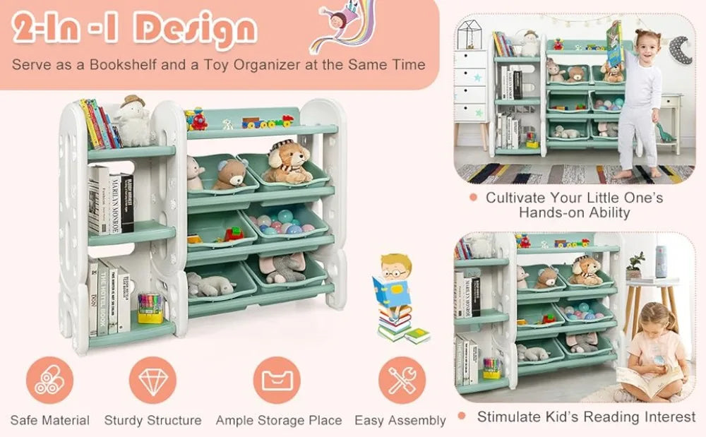 Costzon Kids Multi-Purpose Bookshelf and Toy Organizer with 4-Tier Storage and 6 Removable Bins