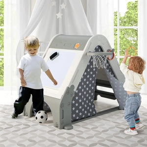 INFANS Triangle Climber with Tent – 6-in-1 Kids Playset with Rock Wall, Drawing Board, Basketball Hoop, and Football Hole