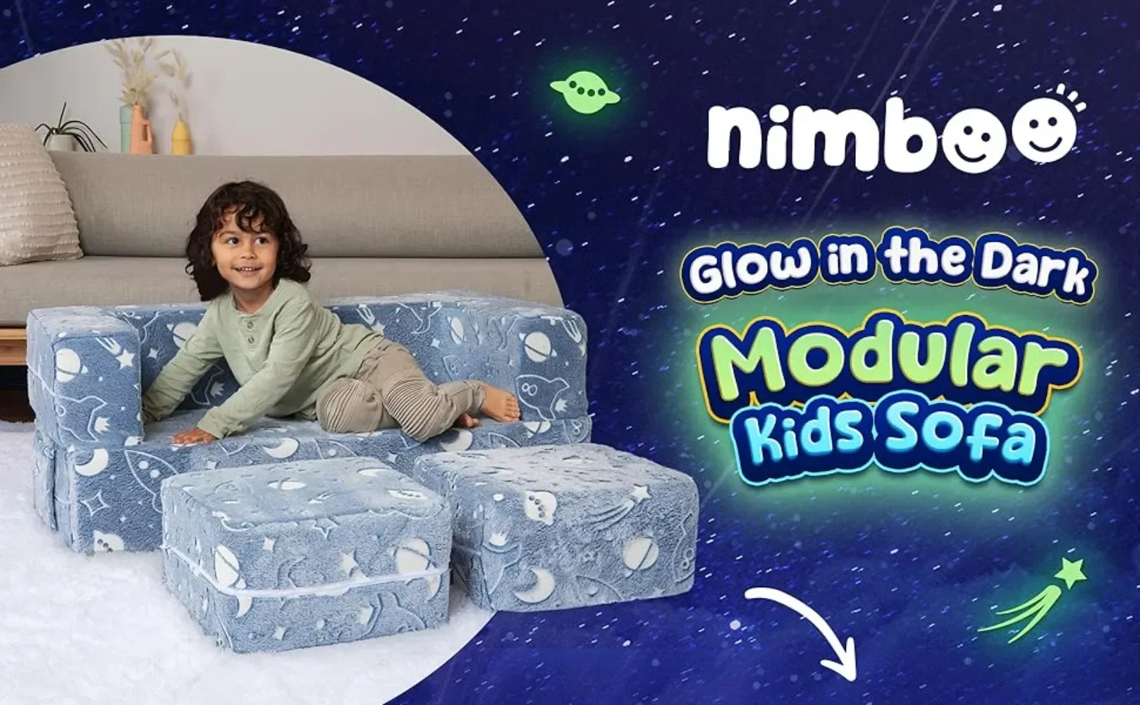 Modular Toddler Couch Set with 2 Ottomans – Soft Velvet Play Sofa, Glow in the Dark, Convertible for Kids