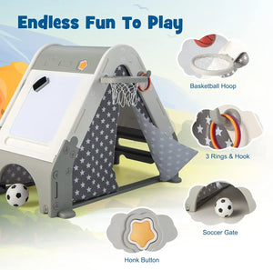 INFANS Triangle Climber with Tent – 6-in-1 Kids Playset with Rock Wall, Drawing Board, Basketball Hoop, and Football Hole