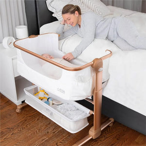 KoolerThings Baby Bassinet, Bedside Sleeper for Baby, Easy Folding Portable Crib with Storage Basket for Newborn (White & Gold)