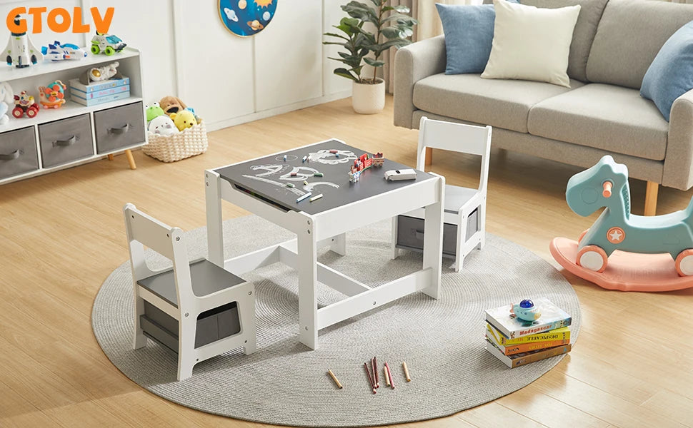 XMSJ Table and Chair Set — 3 in 1 Wooden Activity Table with Storage