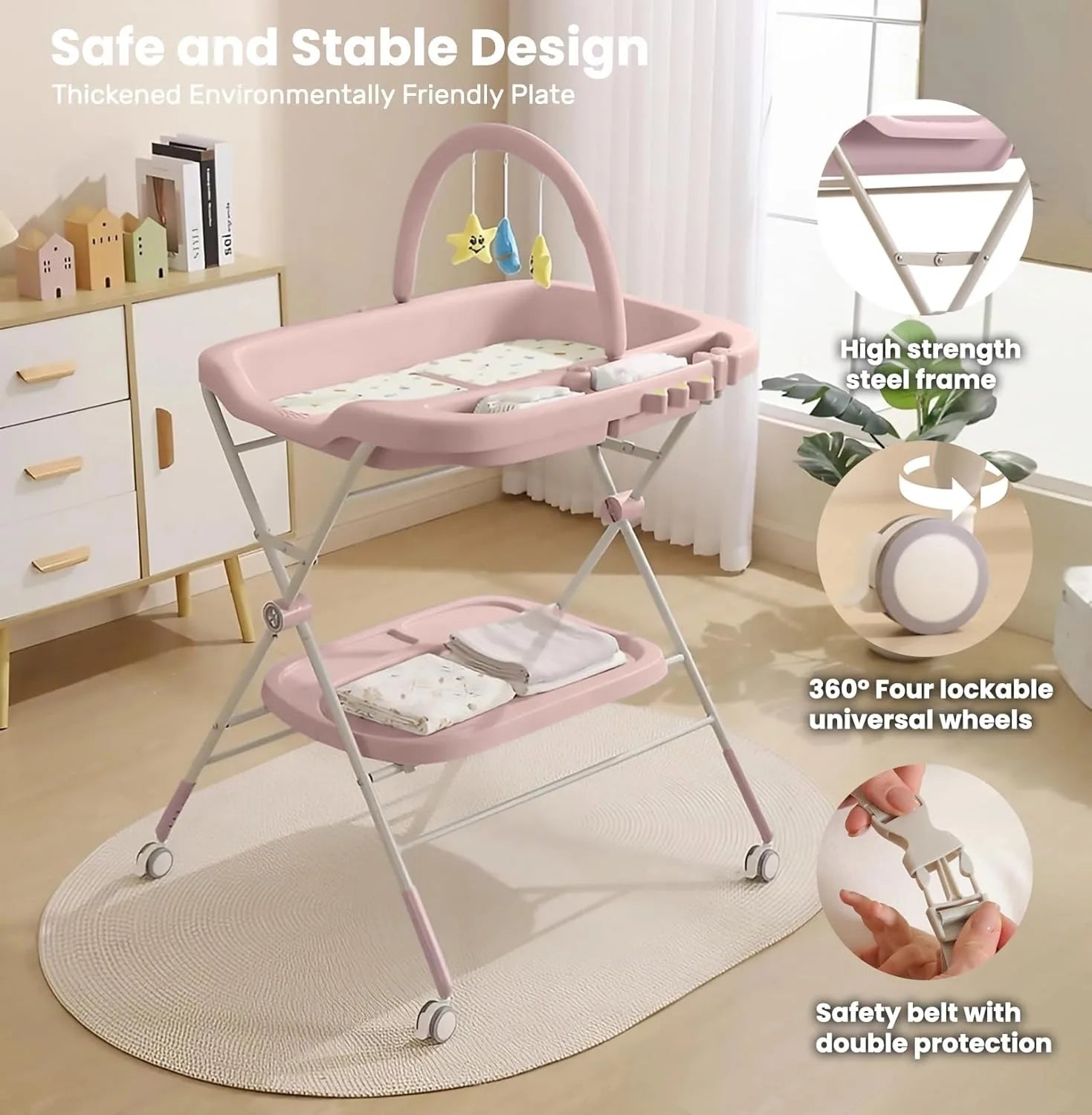 Ubravoo Multifunctional Portable Diaper Changing Table with Wheels – Adjustable Height Baby Care Station