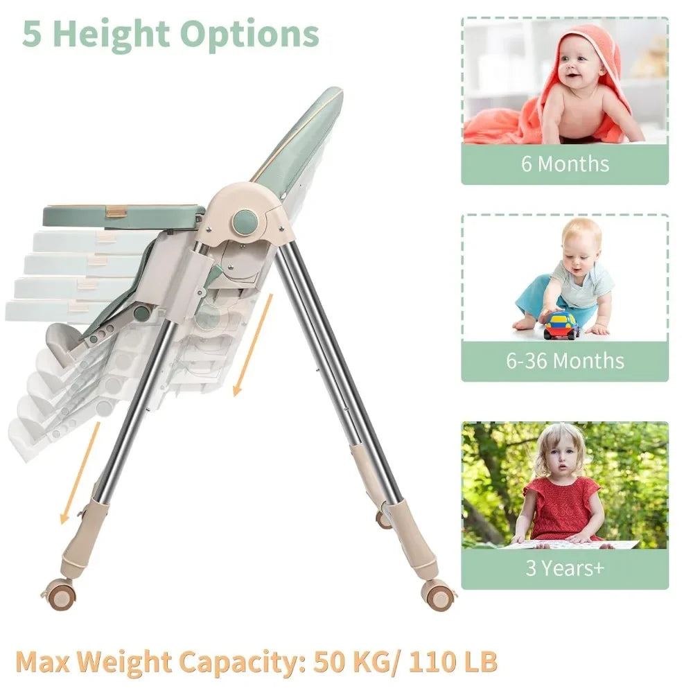 XMSJ Adjustable High Chair for Babies – Comfortable & Safe Dining Chair with Foldable Design and 4 Wheels (Matcha Green)