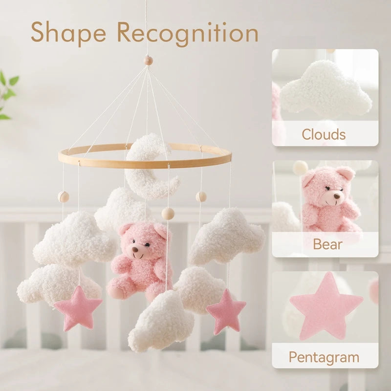 Soft Felt Teddy Bear Baby Crib Mobile - Pink Velvet Animal Hanging Toy for Infants (0-12 Months)