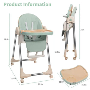 XMSJ Adjustable High Chair for Babies – Comfortable & Safe Dining Chair with Foldable Design and 4 Wheels (Matcha Green)