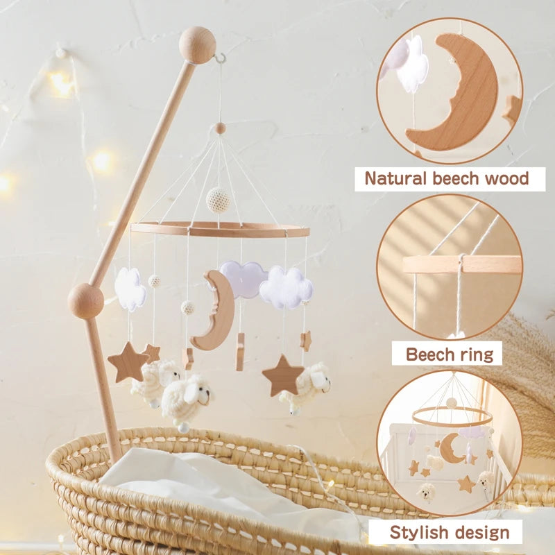 Wooden Rattle Toys for Baby – Musical Animal Crib Mobile with Soft Felt Hot Balloon Bed Bell, Newborn Hanging Toy with Crib Bracket – Perfect Baby Gift