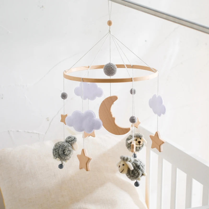 Wooden Rattle Toys for Baby – Musical Animal Crib Mobile with Soft Felt Hot Balloon Bed Bell, Newborn Hanging Toy with Crib Bracket – Perfect Baby Gift