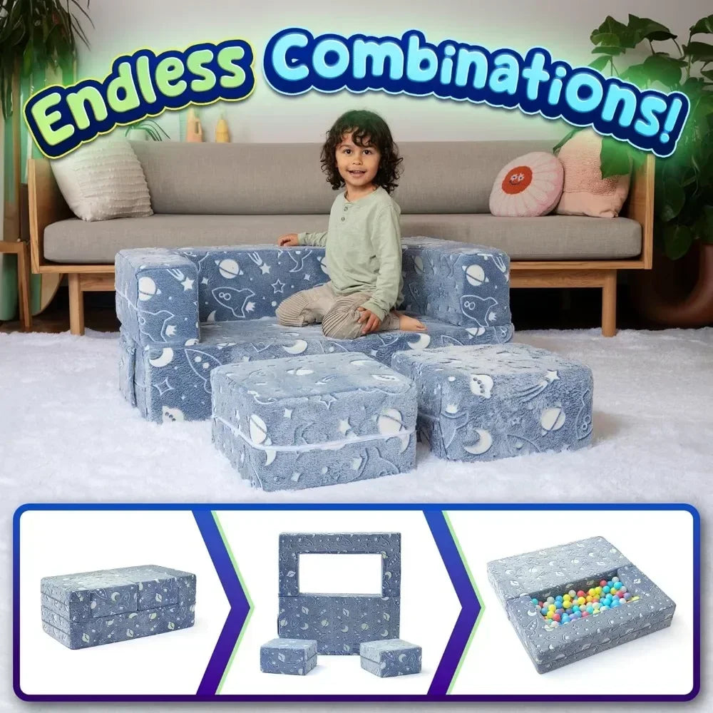 Modular Toddler Couch Set with 2 Ottomans – Soft Velvet Play Sofa, Glow in the Dark, Convertible for Kids