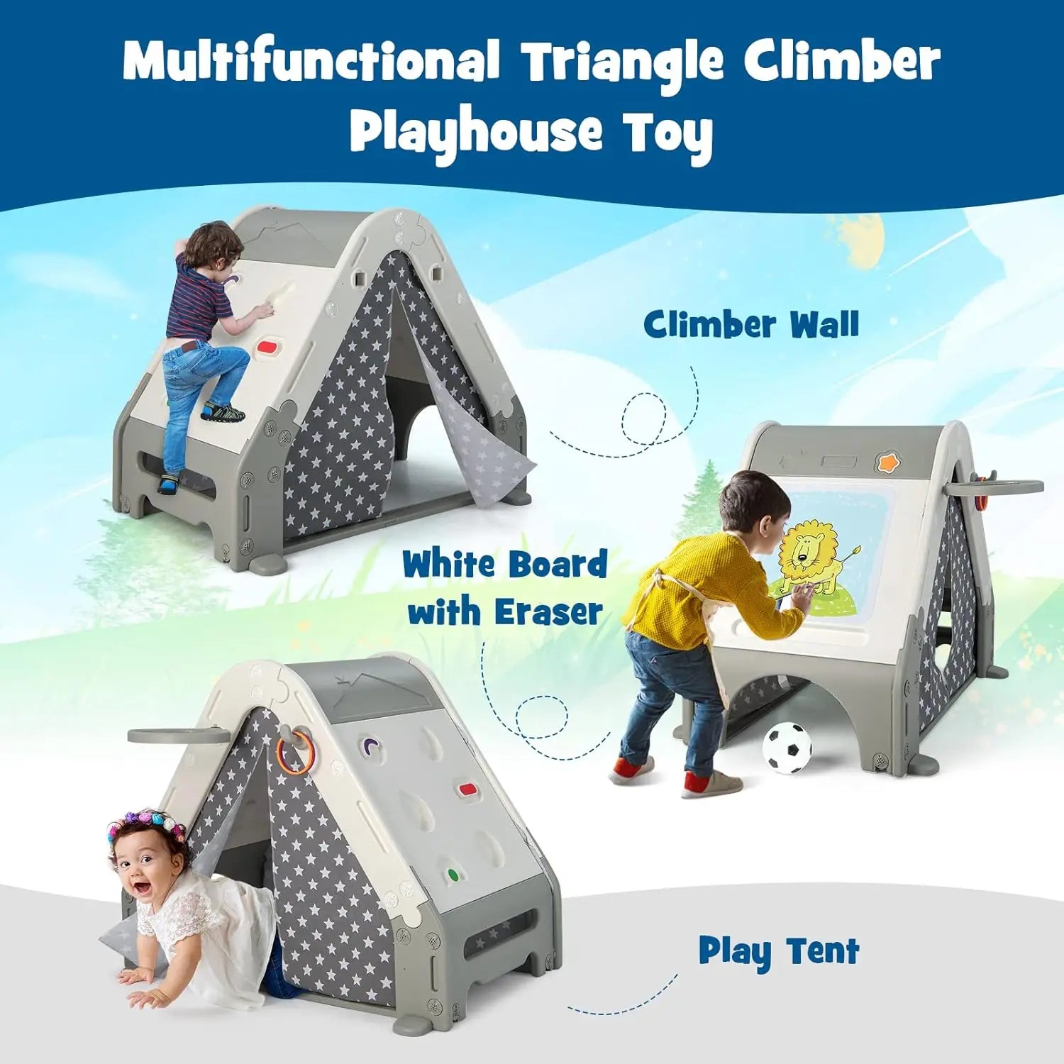 INFANS Triangle Climber with Tent – 6-in-1 Kids Playset with Rock Wall, Drawing Board, Basketball Hoop, and Football Hole