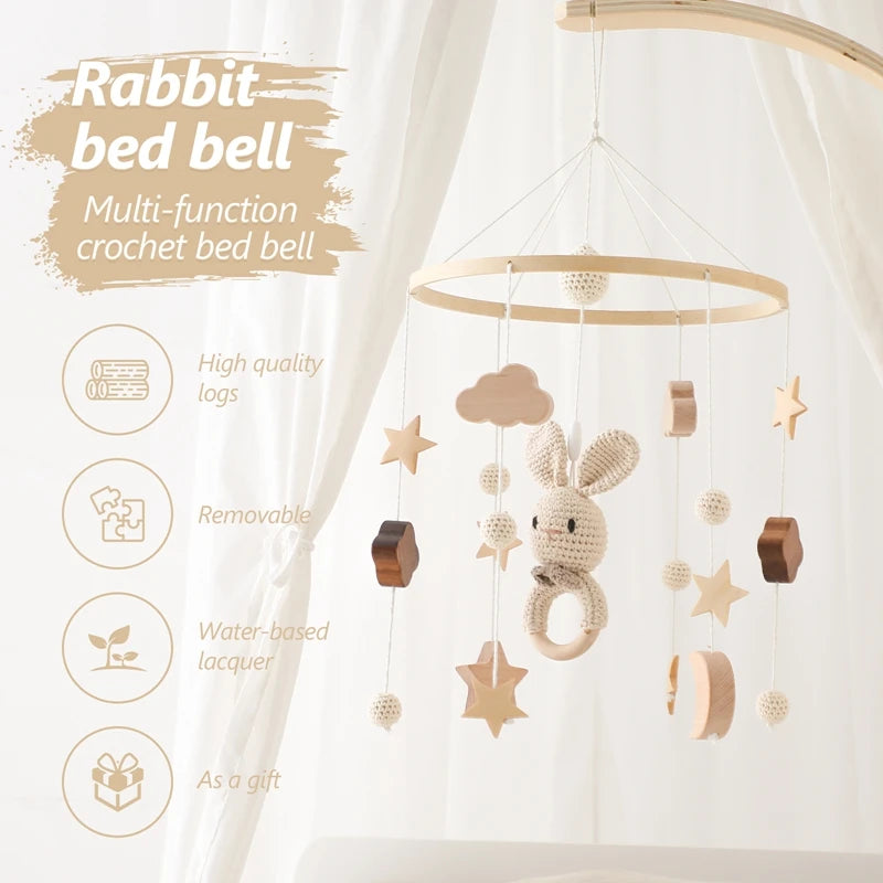 Wooden Rattle Toys for Baby – Musical Animal Crib Mobile with Soft Felt Hot Balloon Bed Bell, Newborn Hanging Toy with Crib Bracket – Perfect Baby Gift