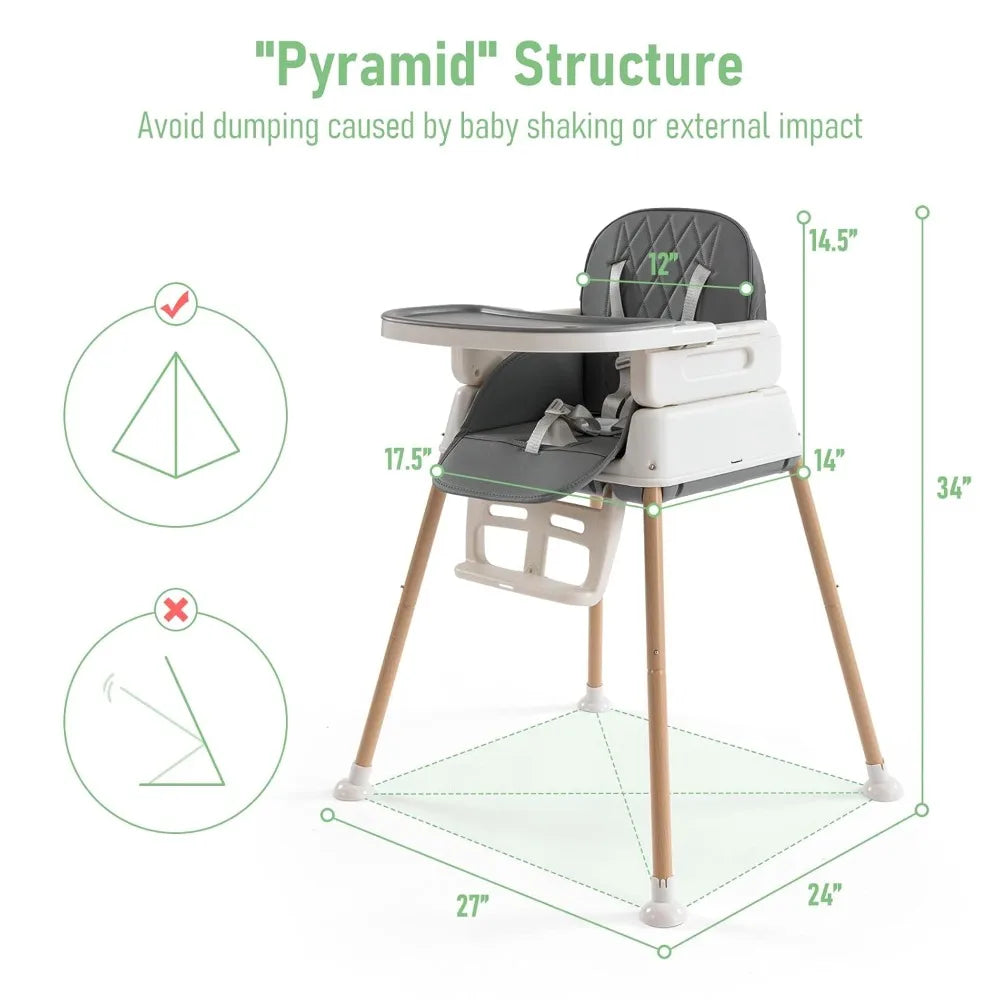 XMSJ 3-in-1 Convertible Baby High Chair with Adjustable Tray