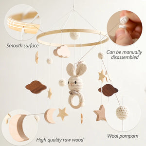 Wooden Rattle Toys for Baby – Musical Animal Crib Mobile with Soft Felt Hot Balloon Bed Bell, Newborn Hanging Toy with Crib Bracket – Perfect Baby Gift