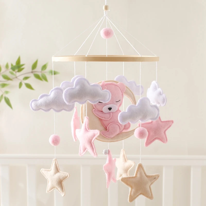 Soft Felt Teddy Bear Baby Crib Mobile - Pink Velvet Animal Hanging Toy for Infants (0-12 Months)