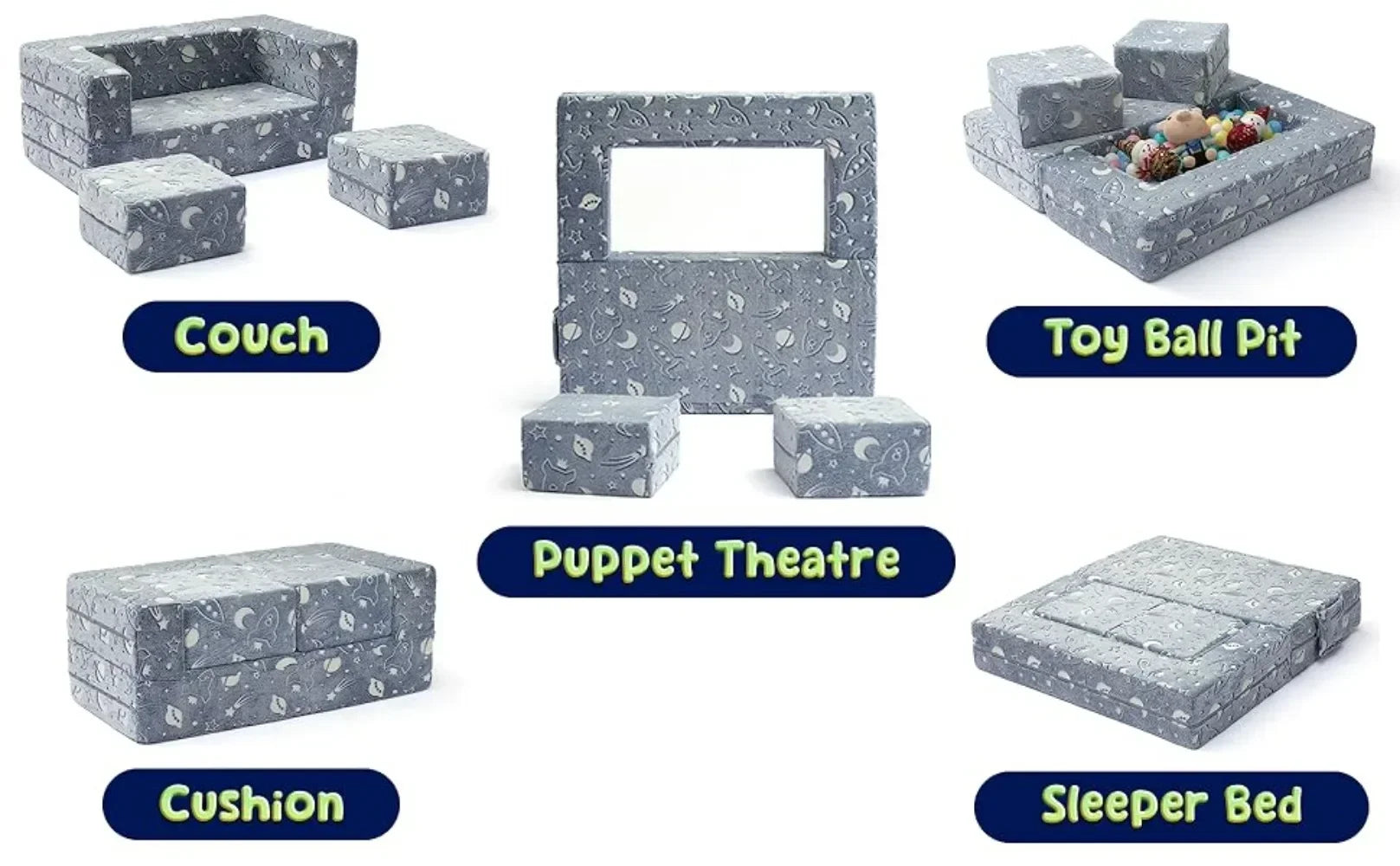 Modular Toddler Couch Set with 2 Ottomans – Soft Velvet Play Sofa, Glow in the Dark, Convertible for Kids