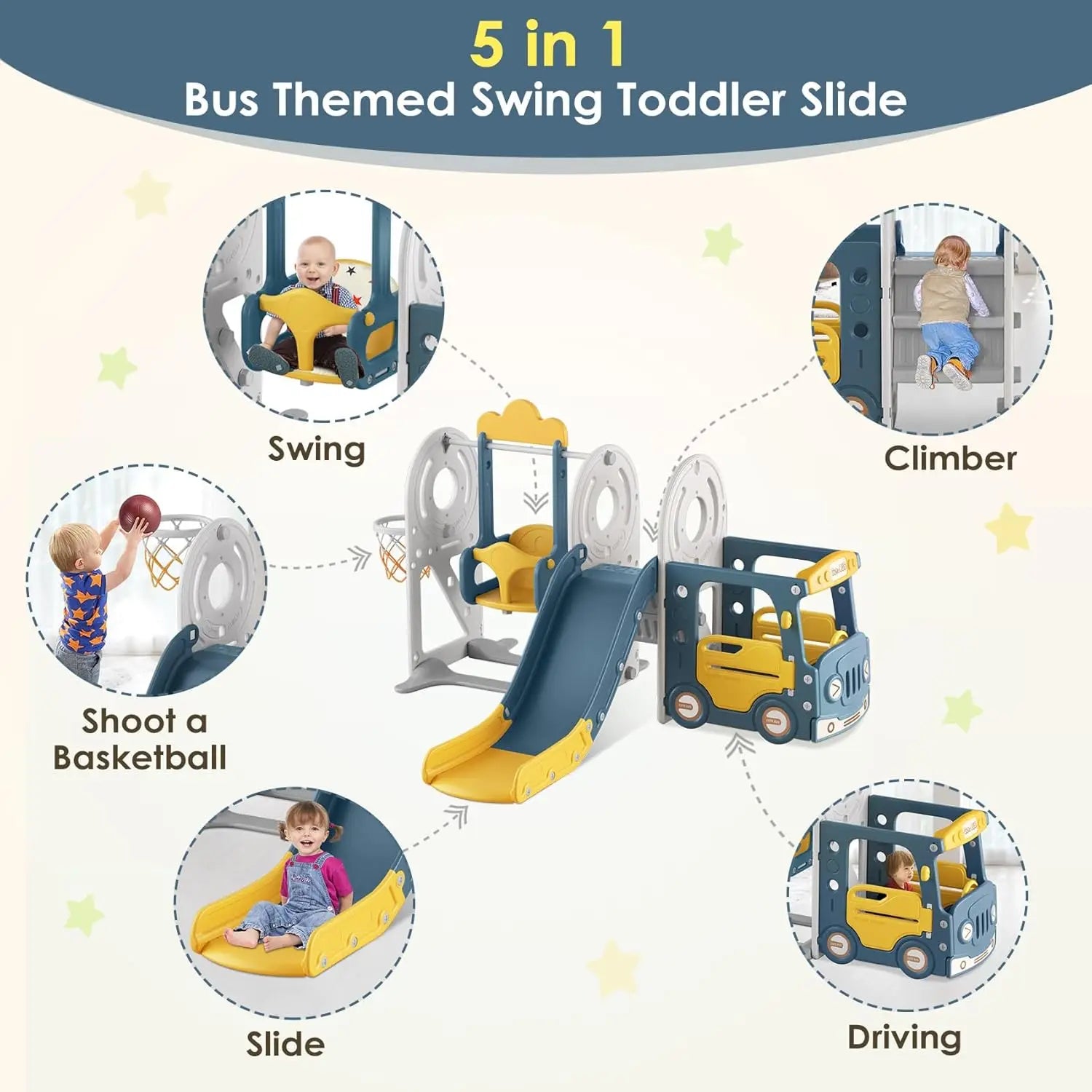 XMSJ Toddler Slide and Swing Set 3-in-1 – Bus Themed Baby Slide with Basketball Hoop for Toddlers (Ages 1-3), Indoor/Outdoor Use