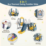 XMSJ Toddler Slide and Swing Set 3-in-1 – Bus Themed Baby Slide with Basketball Hoop for Toddlers (Ages 1-3), Indoor/Outdoor Use