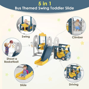 XMSJ Toddler Slide and Swing Set 3-in-1 – Bus Themed Baby Slide with Basketball Hoop for Toddlers (Ages 1-3), Indoor/Outdoor Use