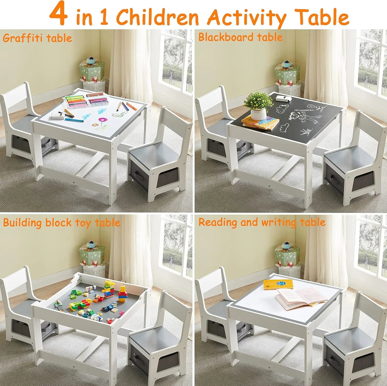 XMSJ Table and Chair Set — 3 in 1 Wooden Activity Table with Storage