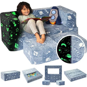 Modular Toddler Couch Set with 2 Ottomans – Soft Velvet Play Sofa, Glow in the Dark, Convertible for Kids