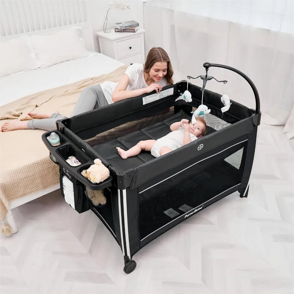 4-in-1 Deluxe Baby Crib & Playard – Foldable Travel Center with Bassinet, Mattress, and Changing Table