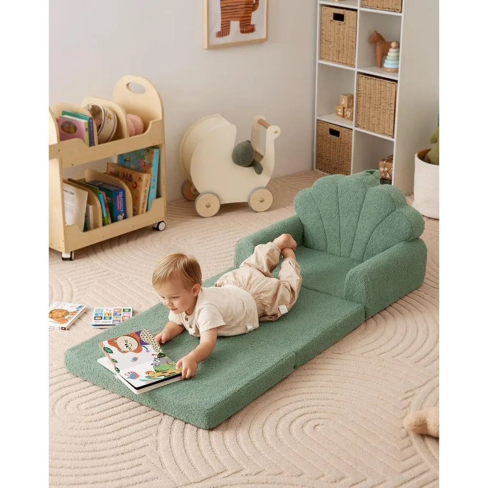 RUO WU 2-in-1 Kids Sofa – Convertible Lounge Chair with Cute Seashell Design, Green