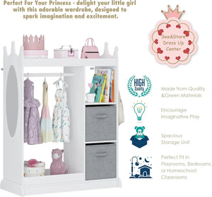 Kids Play Armoire with Mirror, Storage Bins, and Closet for Dress Up and Costumes (White) by XMSJ