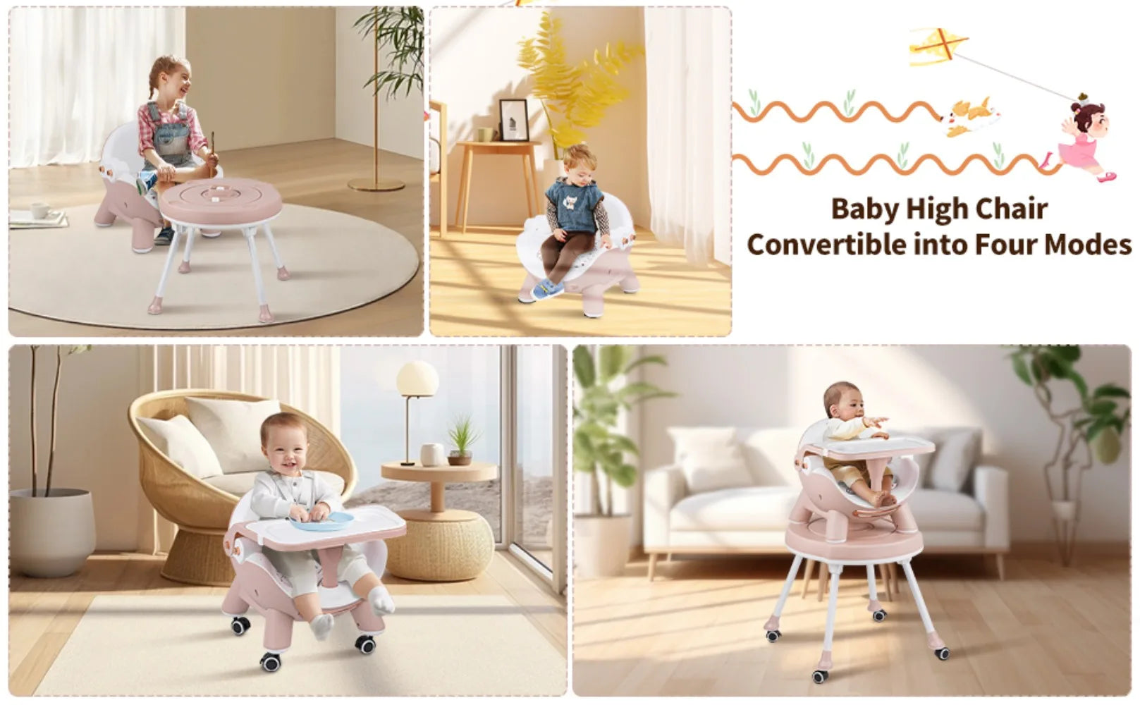 XMSJ 4-in-1 High Chair: Convertible High Chair with Removable Tray for Babies and Toddlers, Modern Design