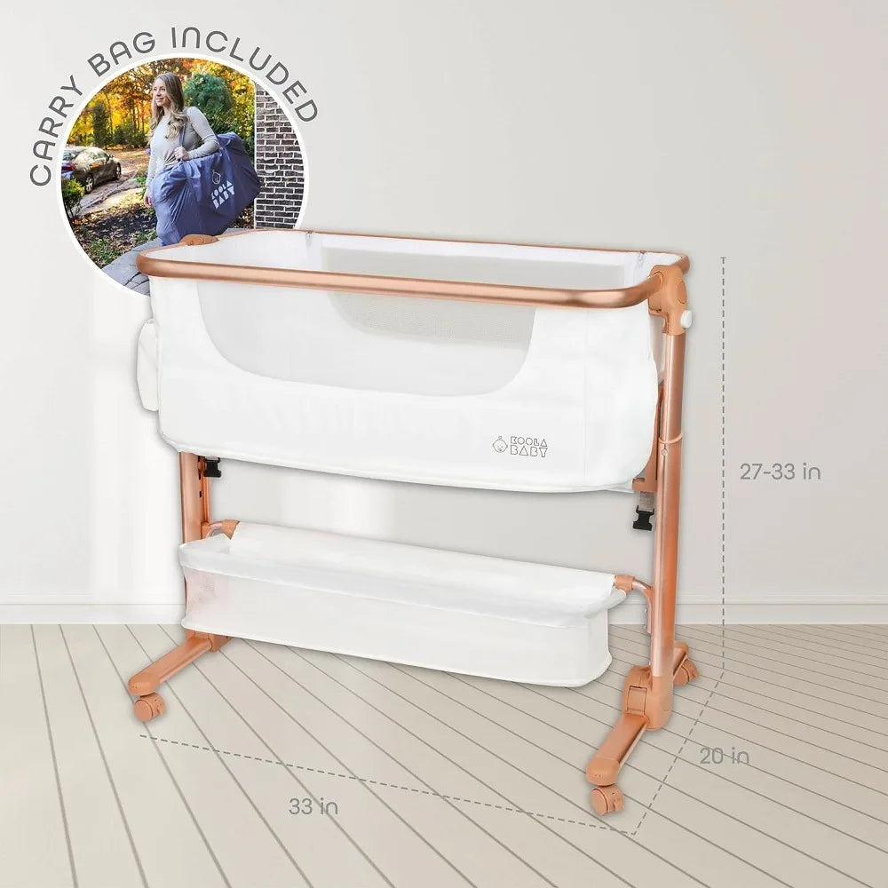 KoolerThings Baby Bassinet, Bedside Sleeper for Baby, Easy Folding Portable Crib with Storage Basket for Newborn (White & Gold)