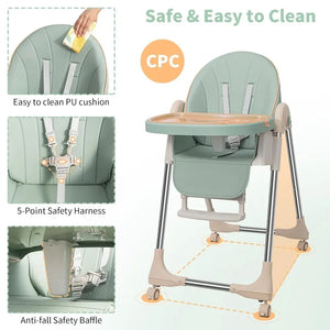 XMSJ Adjustable High Chair for Babies – Comfortable & Safe Dining Chair with Foldable Design and 4 Wheels (Matcha Green)