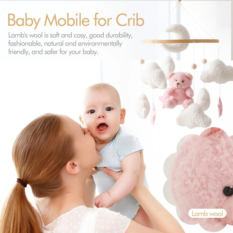 Soft Felt Teddy Bear Baby Crib Mobile - Pink Velvet Animal Hanging Toy for Infants (0-12 Months)