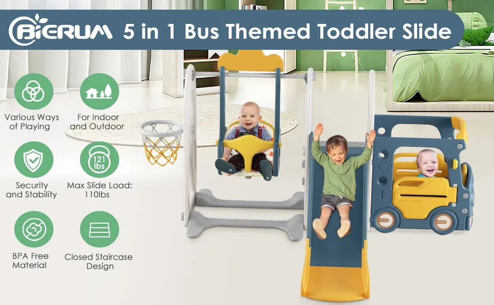 XMSJ Toddler Slide and Swing Set 3-in-1 – Bus Themed Baby Slide with Basketball Hoop for Toddlers (Ages 1-3), Indoor/Outdoor Use