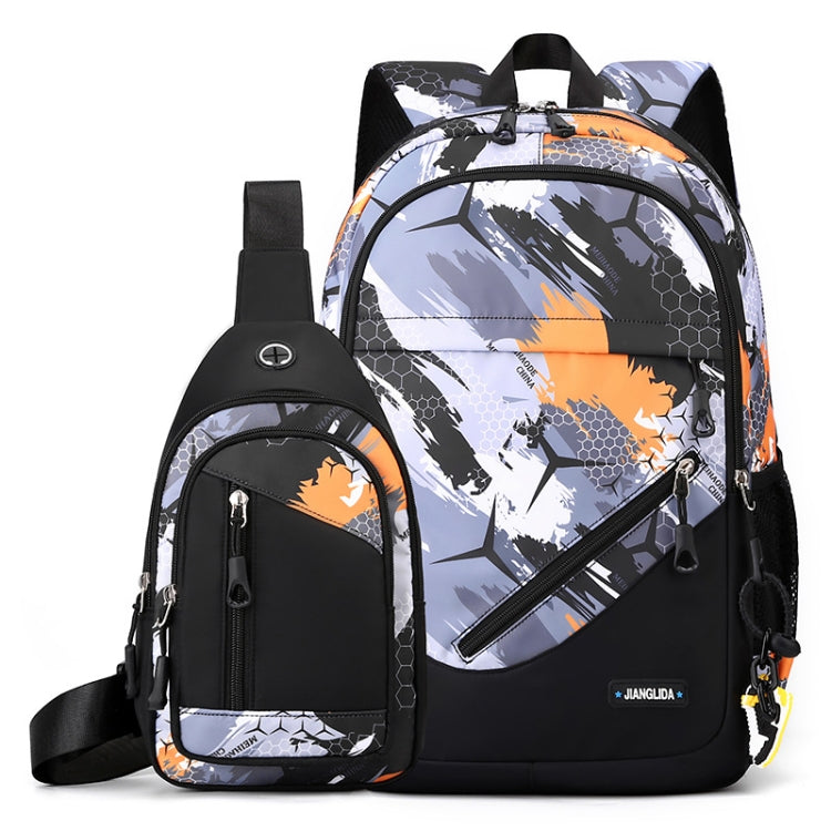 2 In 1 School Backpack & Chest Bag - Orange Honeycomb
