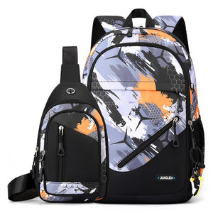 2 In 1 School Backpack & Chest Bag - Orange Honeycomb