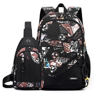 2 In 1 School Backpack & Chest Bag - Brown Football